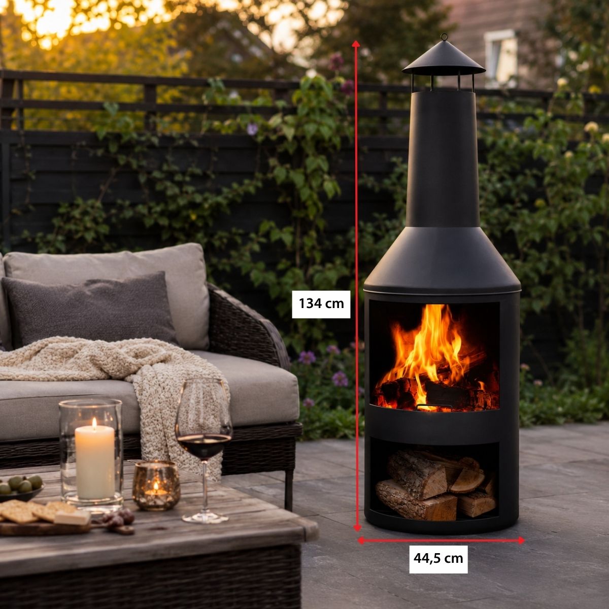 BBQ Collection buitenhaard met schoorsteen en houtopslag 134x44,5cm staal zwart - maximondo
