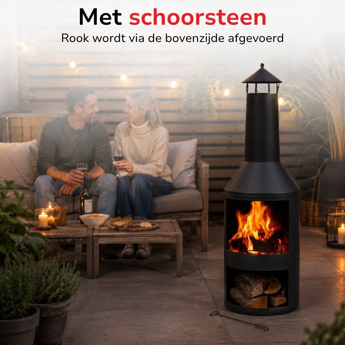 BBQ Collection buitenhaard met schoorsteen en houtopslag 134x44,5cm staal zwart - maximondo