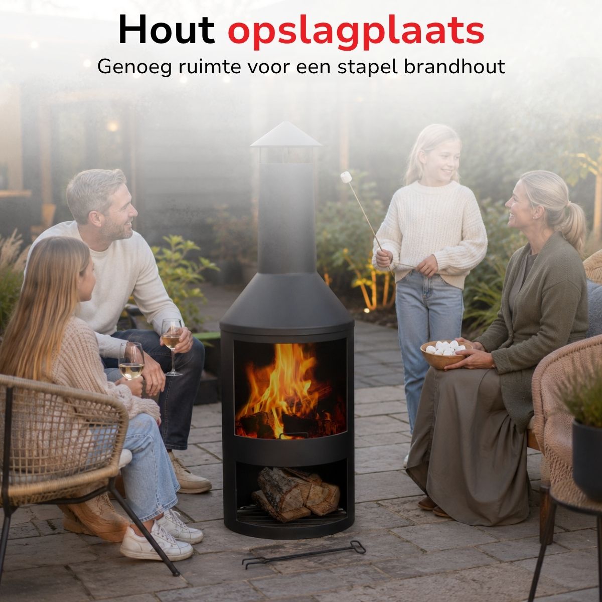 BBQ Collection buitenhaard met schoorsteen en houtopslag 134x44,5cm staal zwart - maximondo