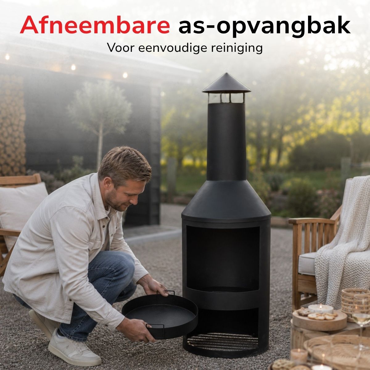BBQ Collection buitenhaard met schoorsteen en houtopslag 134x44,5cm staal zwart - maximondo