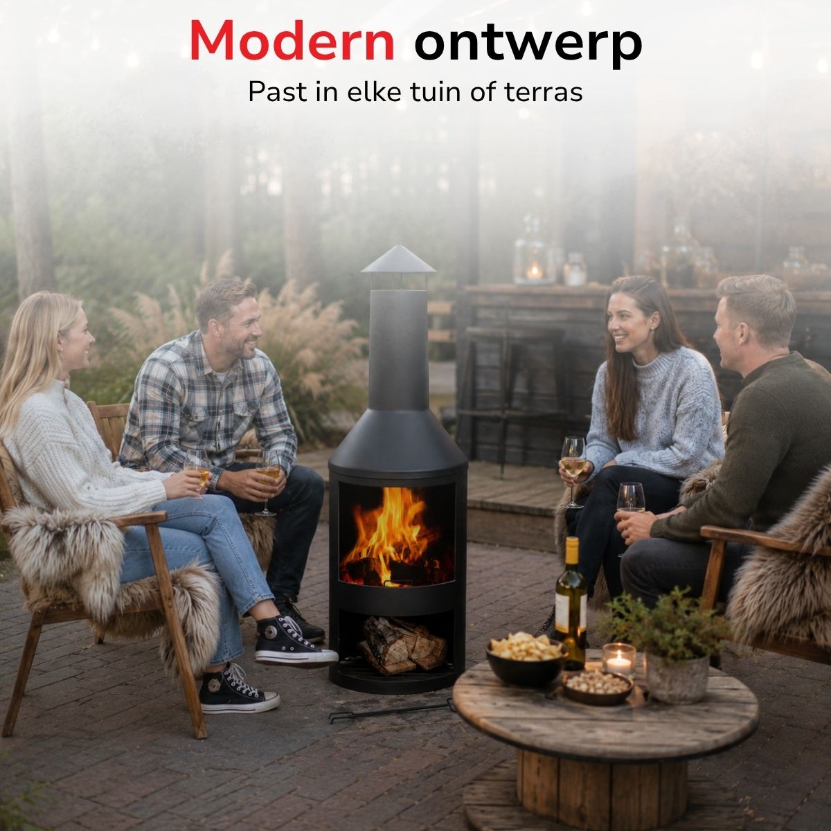 BBQ Collection buitenhaard met schoorsteen en houtopslag 134x44,5cm staal zwart - maximondo
