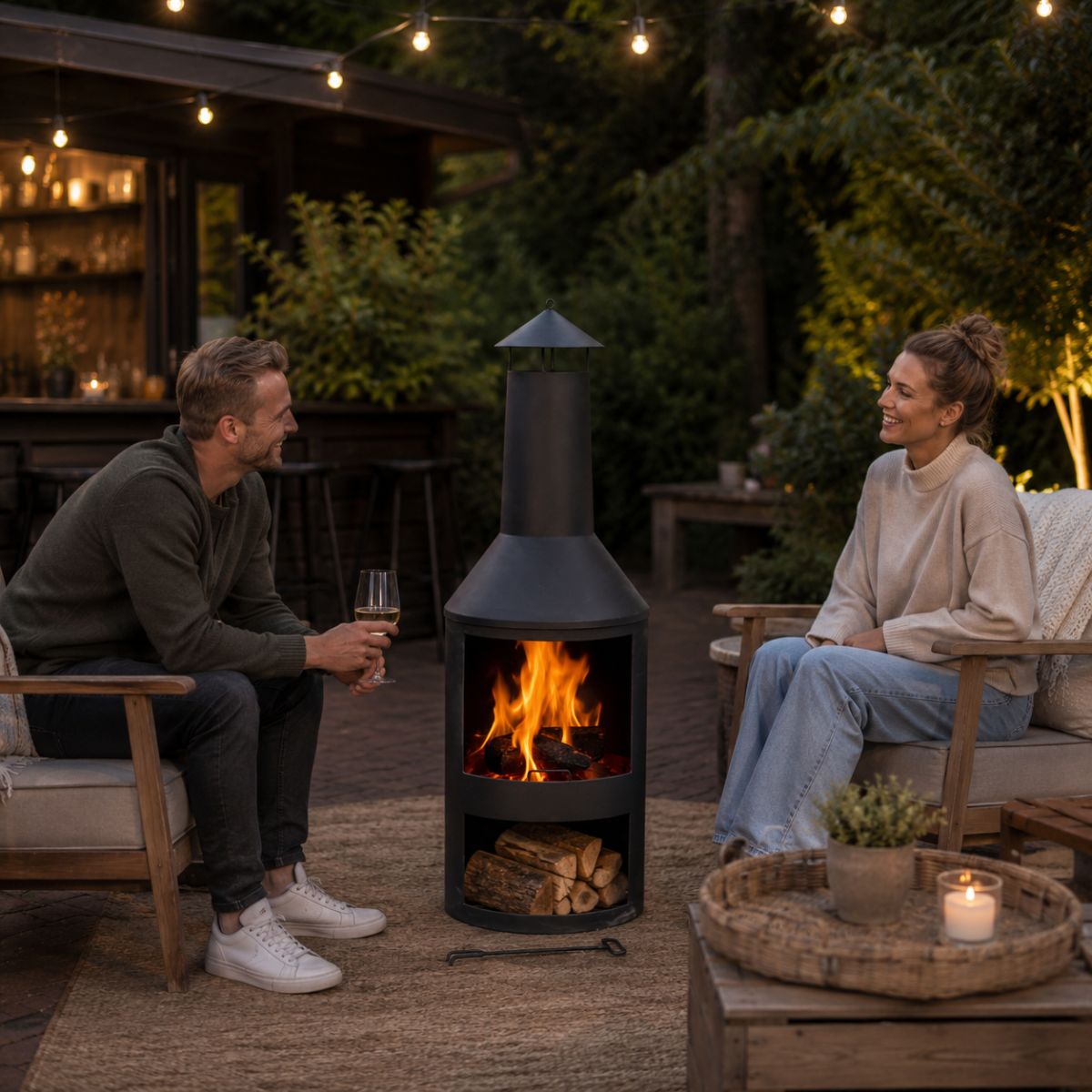BBQ Collection buitenhaard met schoorsteen en houtopslag 134x44,5cm staal zwart - maximondo
