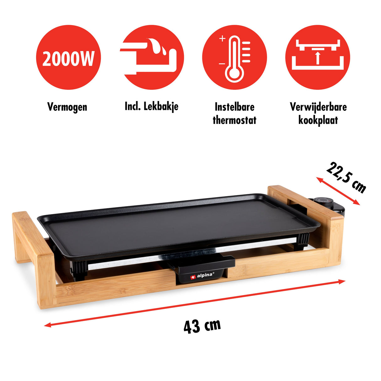 alpina Teppanyaki Bakplaat 2000W, 43 x 22.5 CM - maximondo