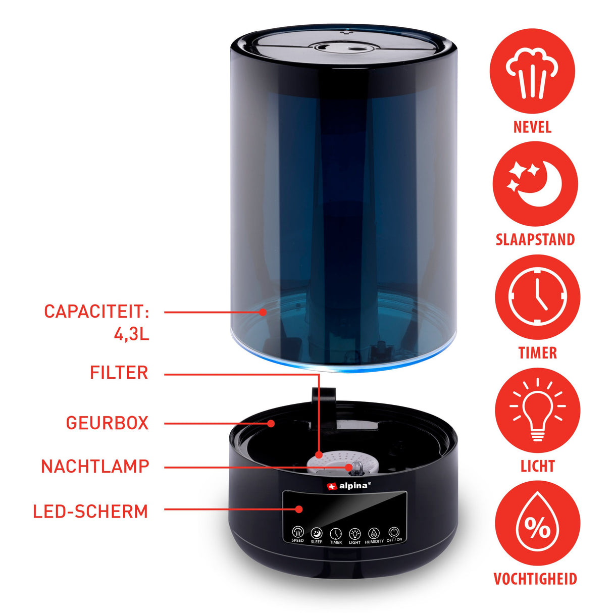 alpina Luchtbevochtiger 4.3L - Zwart - maximondo