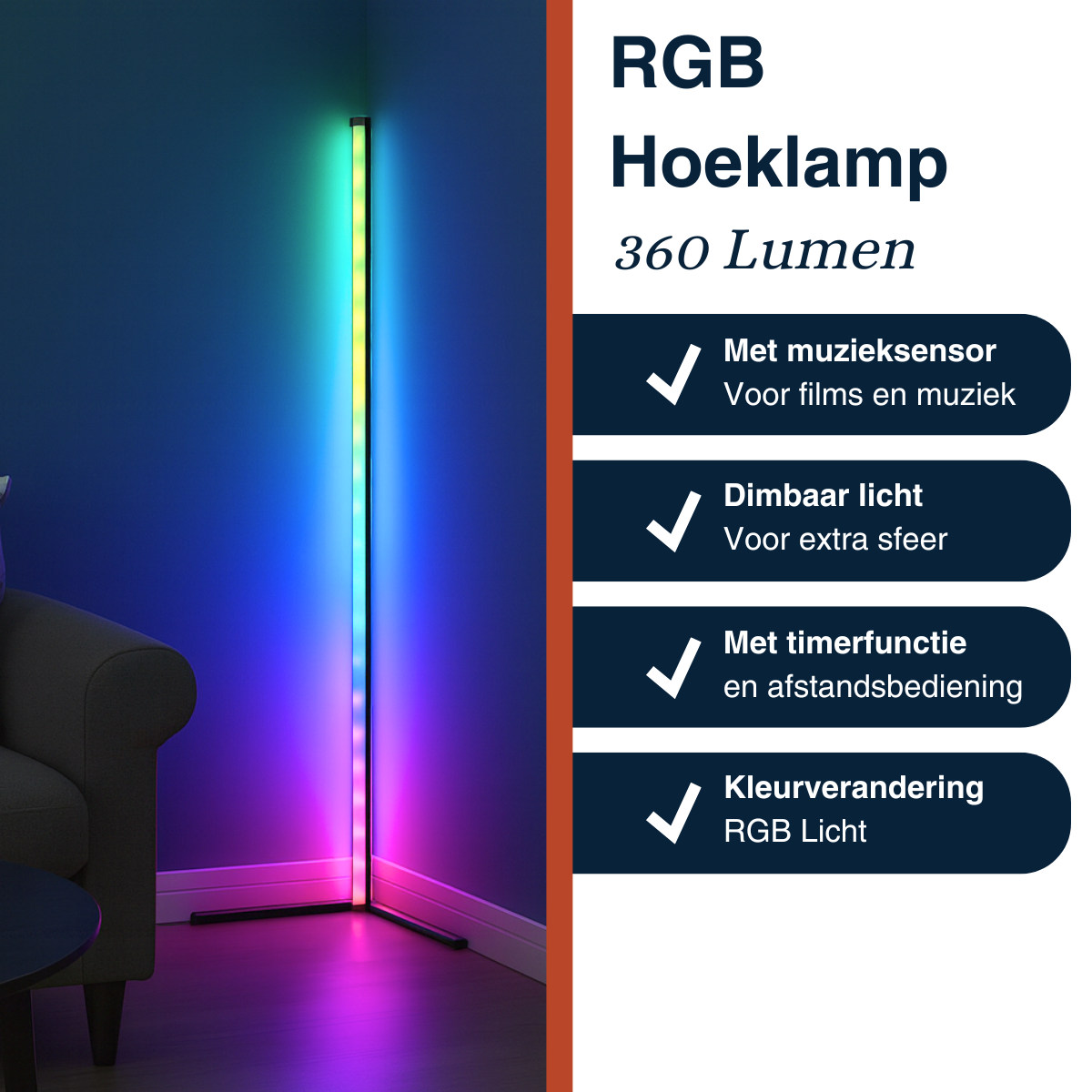 Grundig RGB LED Hoeklamp Staand met Muziek Sync, Dimbaar - maximondo