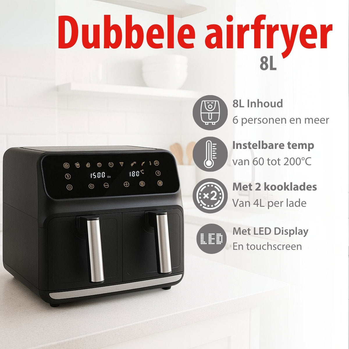 alpina Dubbele Airfryer XXL - Heteluchtfriteuse 2x4L