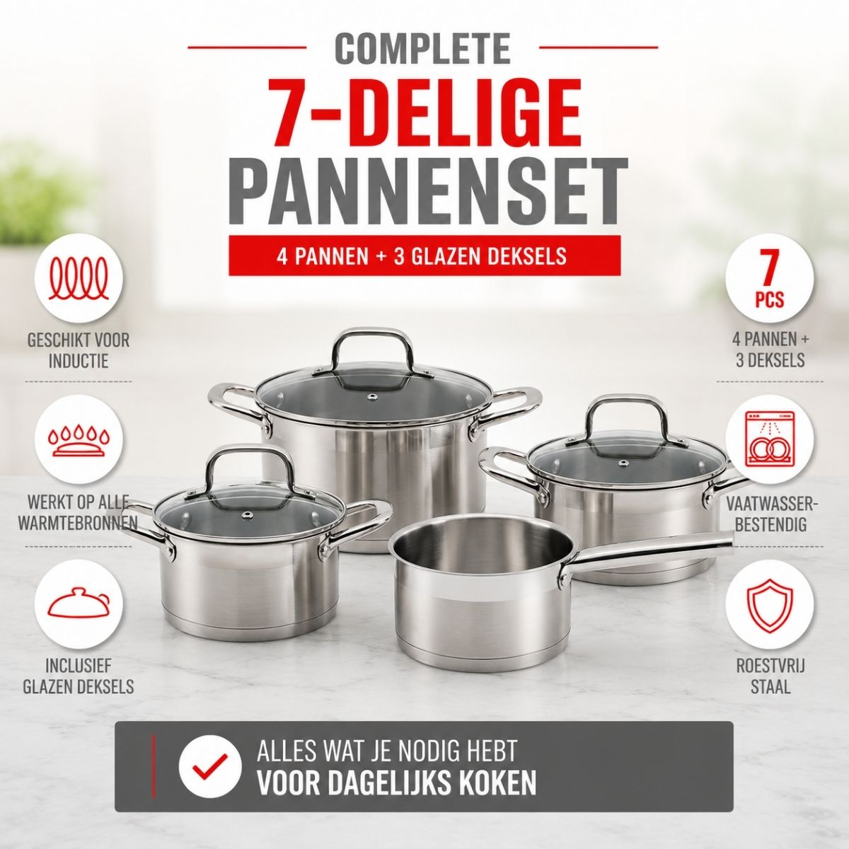 alpina Inductie Pannenset 4‑delig RVS met Glazen Deksel - maximondo