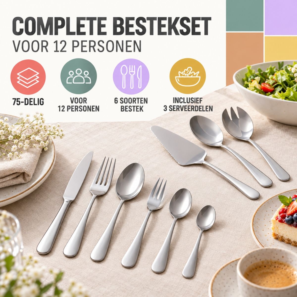 alpina Bestekset 75‑delig voor 12 Personen – Roestvrij Staal - maximondo
