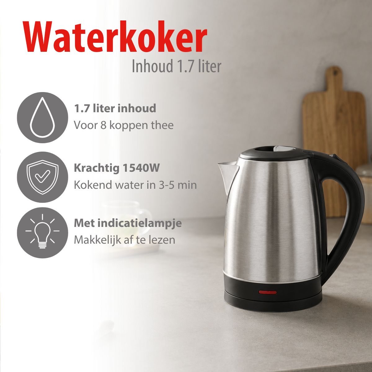 alpina Waterkoker 1.7L - Water Koker - RVS - 360° Draaibaar - maximondo