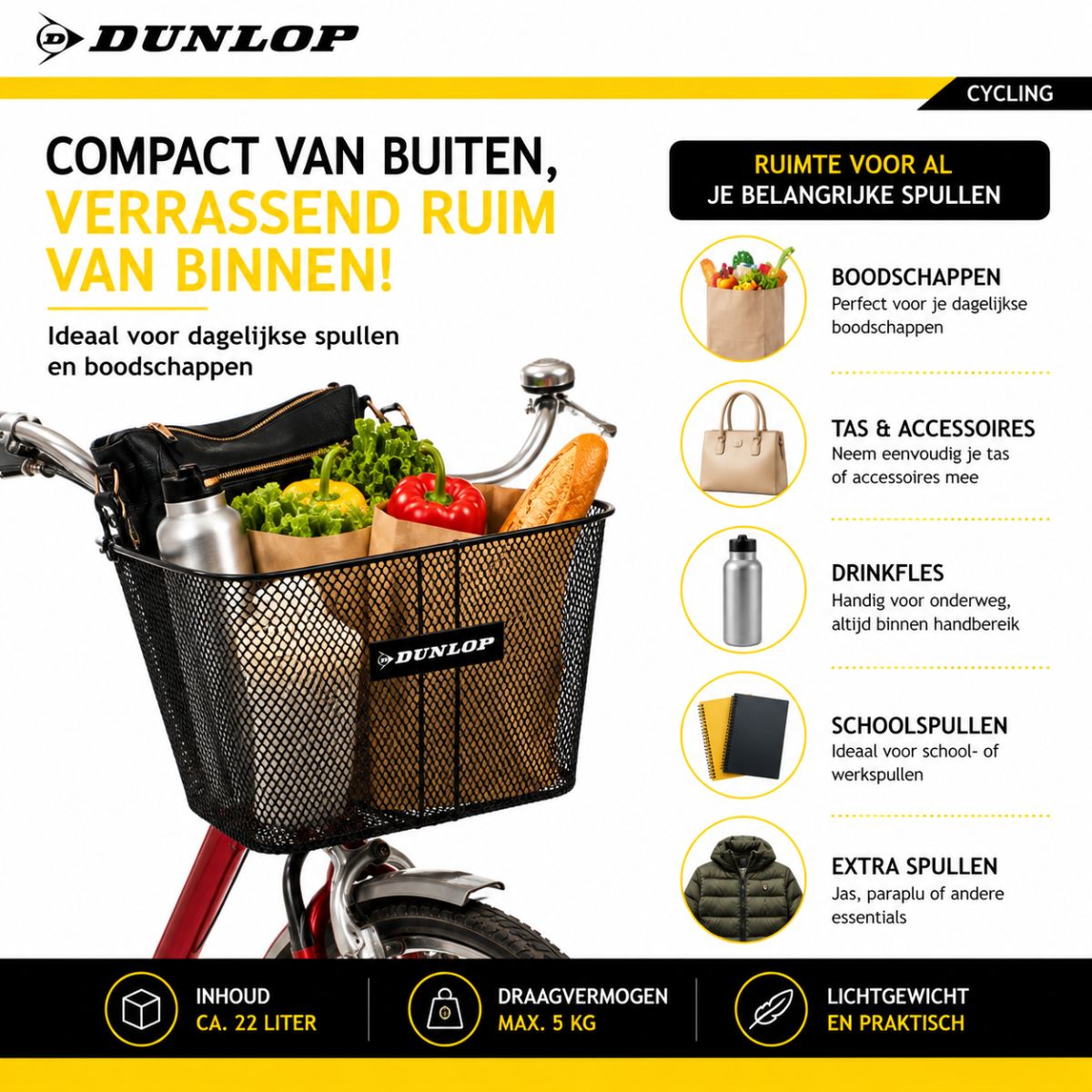 Dunlop Fietsmand Stuur 22L 34x24,5x26 cm - maximondo