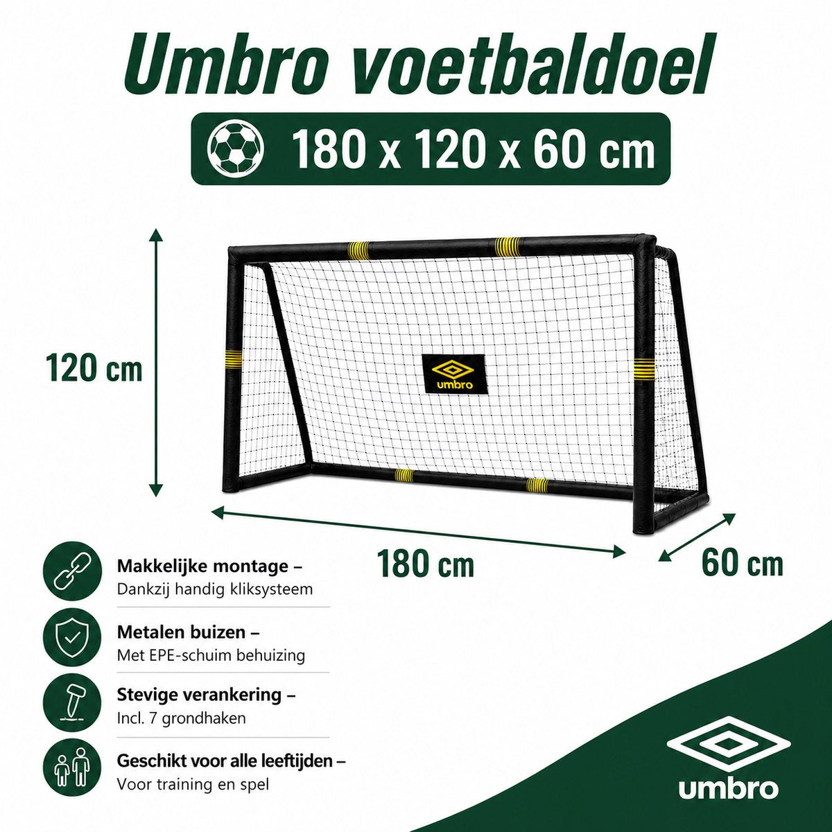 Umbro Voetbaldoel 180 x 120 x 60cm - maximondo