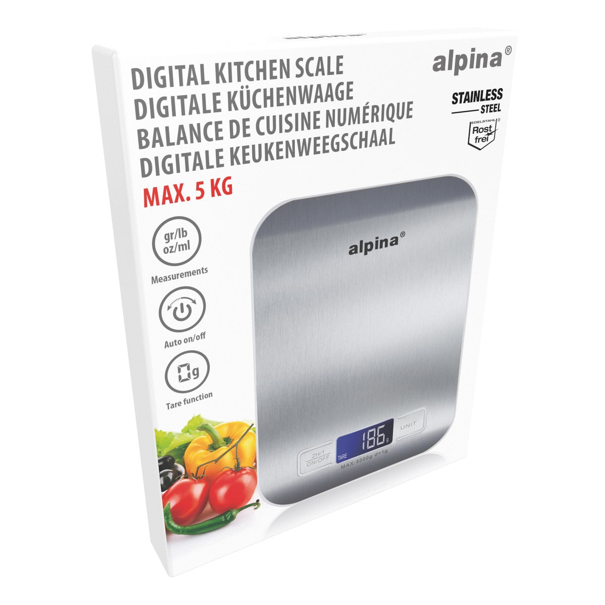 alpina Digitale Keukenweegschaal 5kg RVS LCD Display