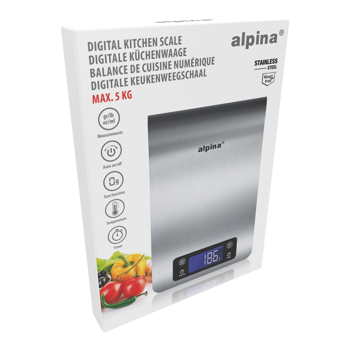 alpina Digitale Keukenweegschaal 5kg RVS LCD Display - maximondo