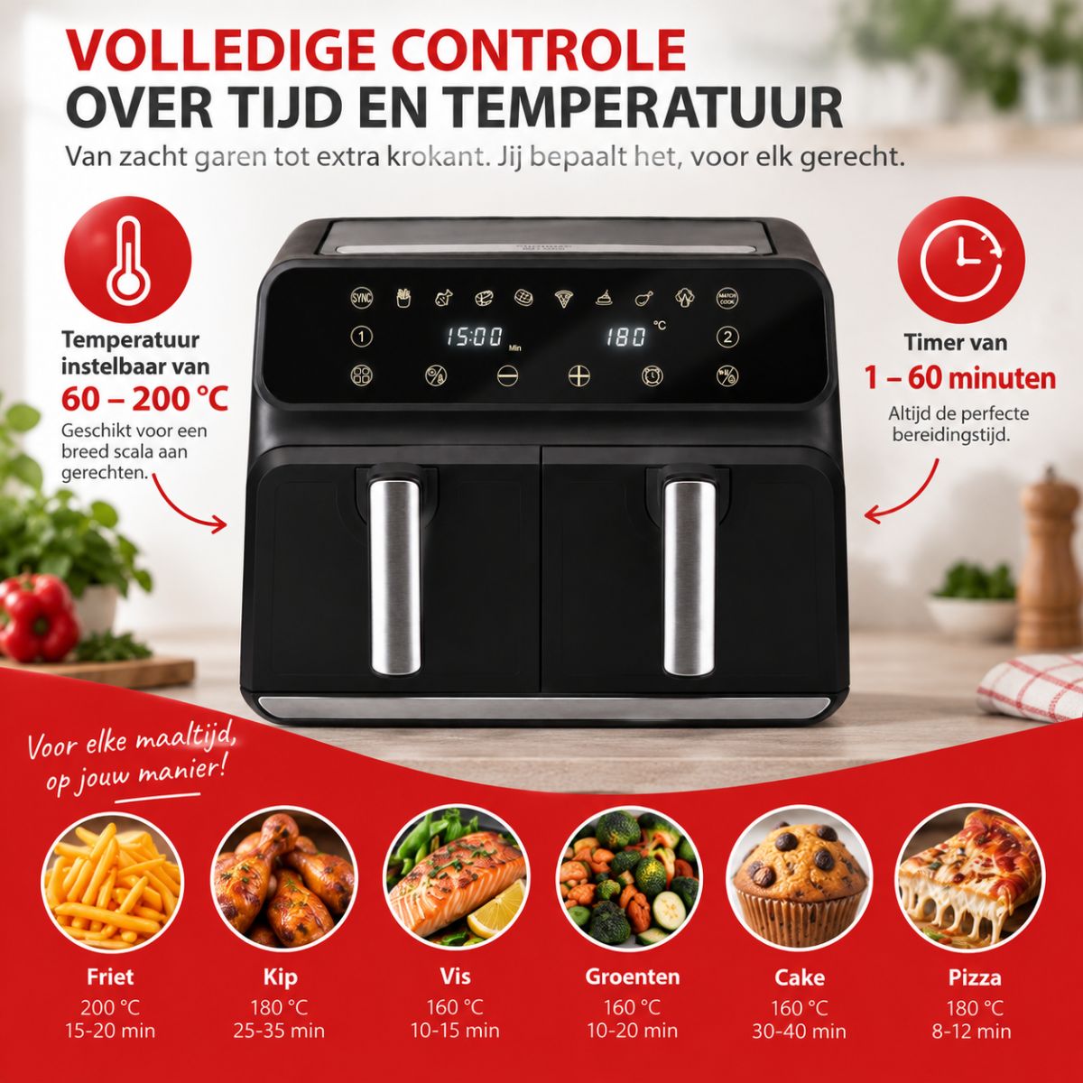alpina Dubbele Airfryer XXL 8L Heteluchtfriteuse