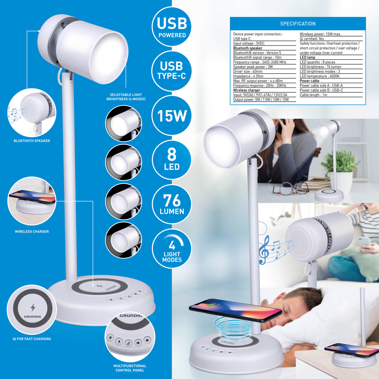 Grundig Bureaulamp Led 3-in-1 - Qi Technologie - Speaker - maximondo