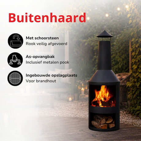 BBQ Collection buitenhaard met schoorsteen en houtopslag 134x44,5cm staal zwart - maximondo