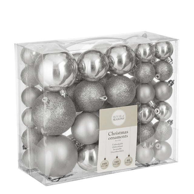 House of Seasons Boom decoratie onbreekbaar zilver 46 stuks - d4 d6 d8cm - maximondo