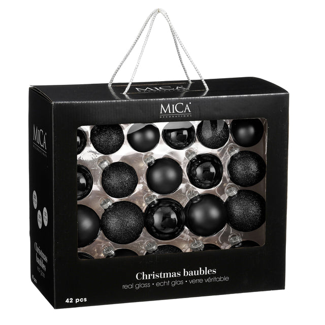 Mica Decorations kerstballen set glas zwart 42 stuks - d7cm - maximondo