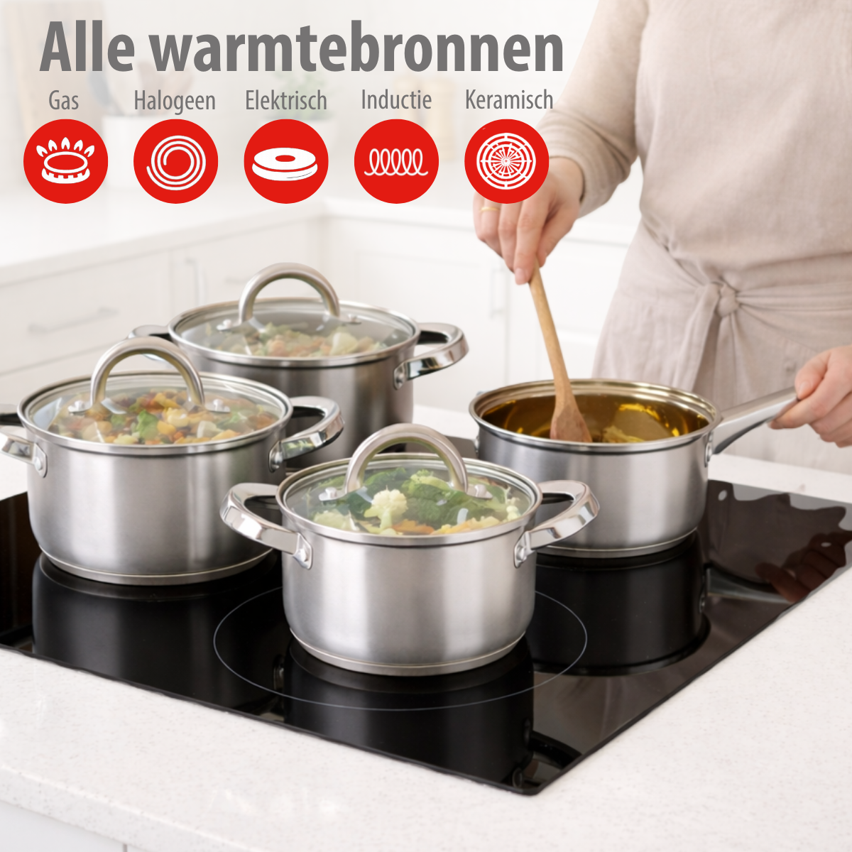 alpina Inductie Pannenset 4‑delig RVS met Glazen Deksel - maximondo