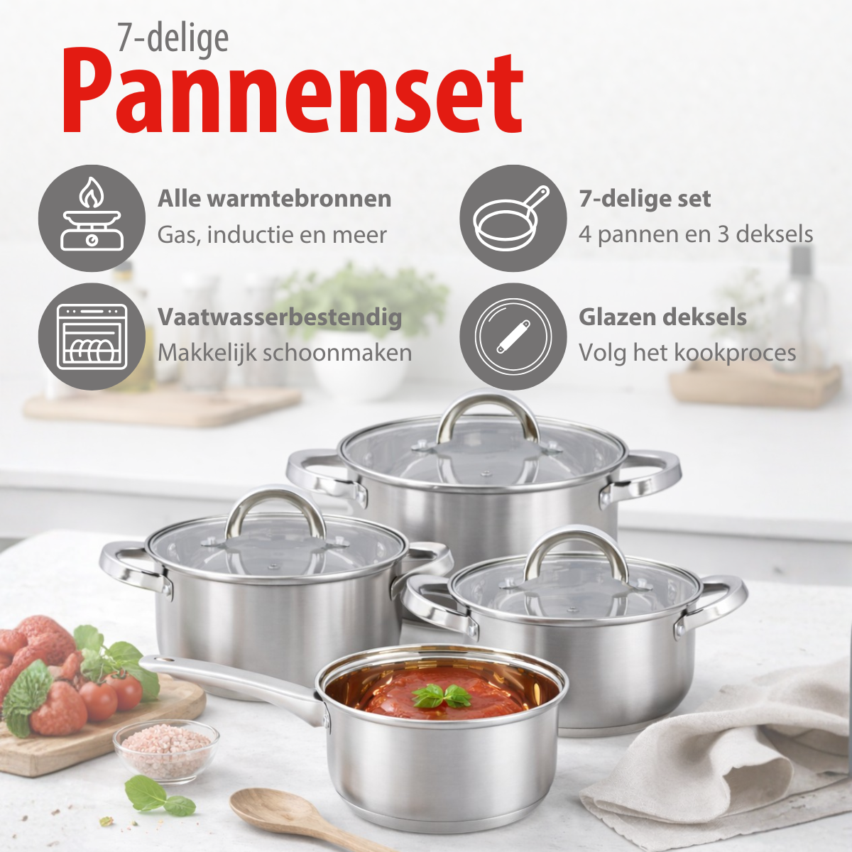 alpina Inductie Pannenset 4‑delig RVS met Glazen Deksel - maximondo