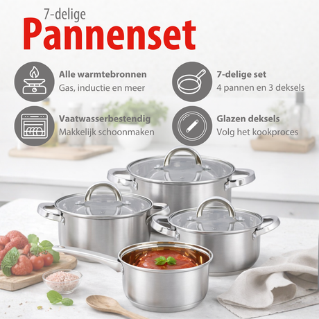 alpina Inductie Pannenset 4‑delig RVS met Glazen Deksel - maximondo