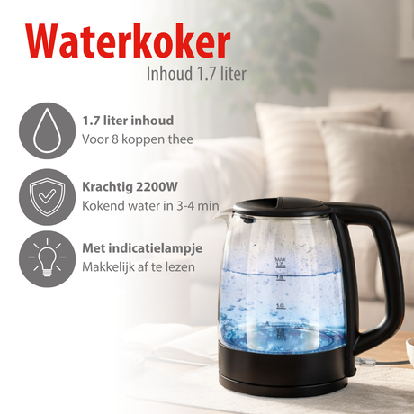 alpina Waterkoker 1,7 Liter - Waterkoker Glas 1850-2200W - maximondo