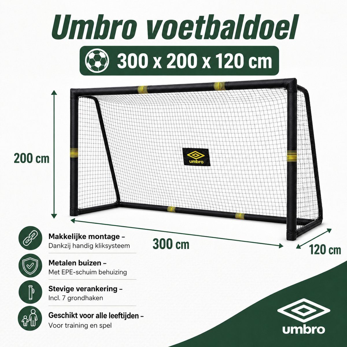 Umbro Voetbaldoel 300 x 200 x 120cm - maximondo