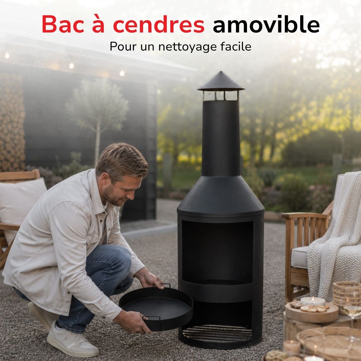 BBQ Collection buitenhaard met schoorsteen en houtopslag 134x44,5cm staal zwart - maximondo