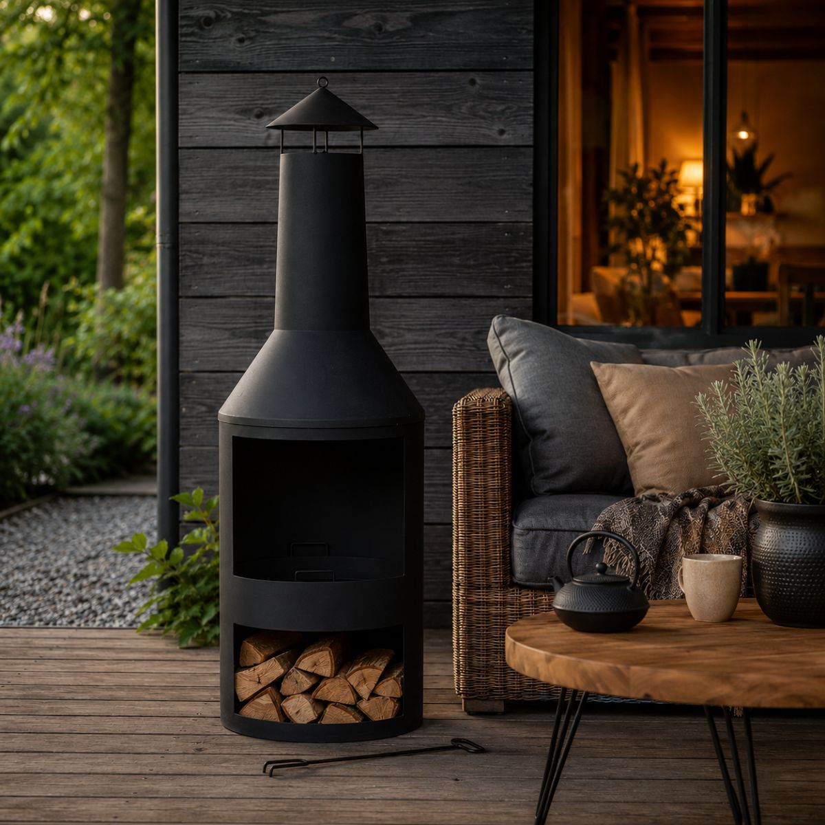 BBQ Collection buitenhaard met schoorsteen en houtopslag 134x44,5cm staal zwart - maximondo