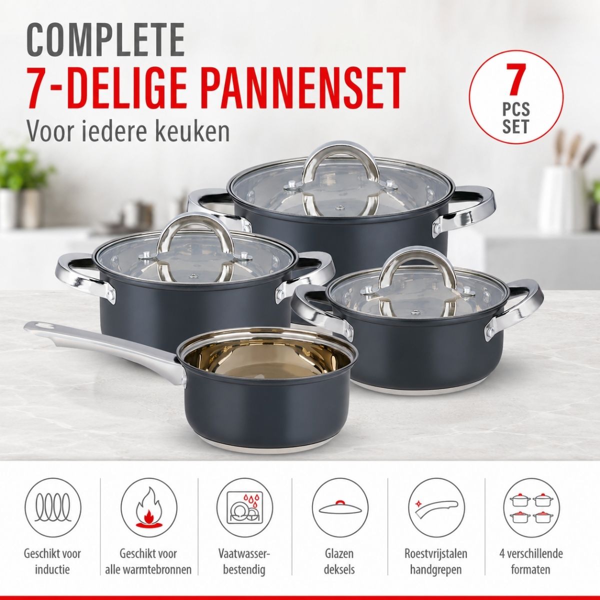 alpina Inductie Pannenset 7‑delig RVS met Glazen Deksel