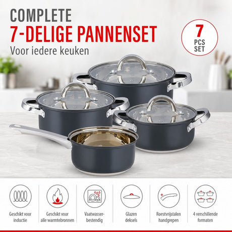 alpina Inductie Pannenset 7‑delig RVS met Glazen Deksel