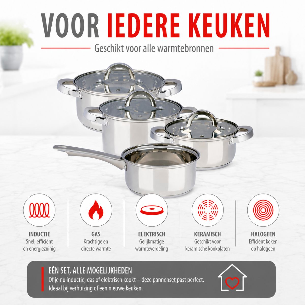 alpina Inductie Pannenset 4‑delig RVS met Glazen Deksel - maximondo