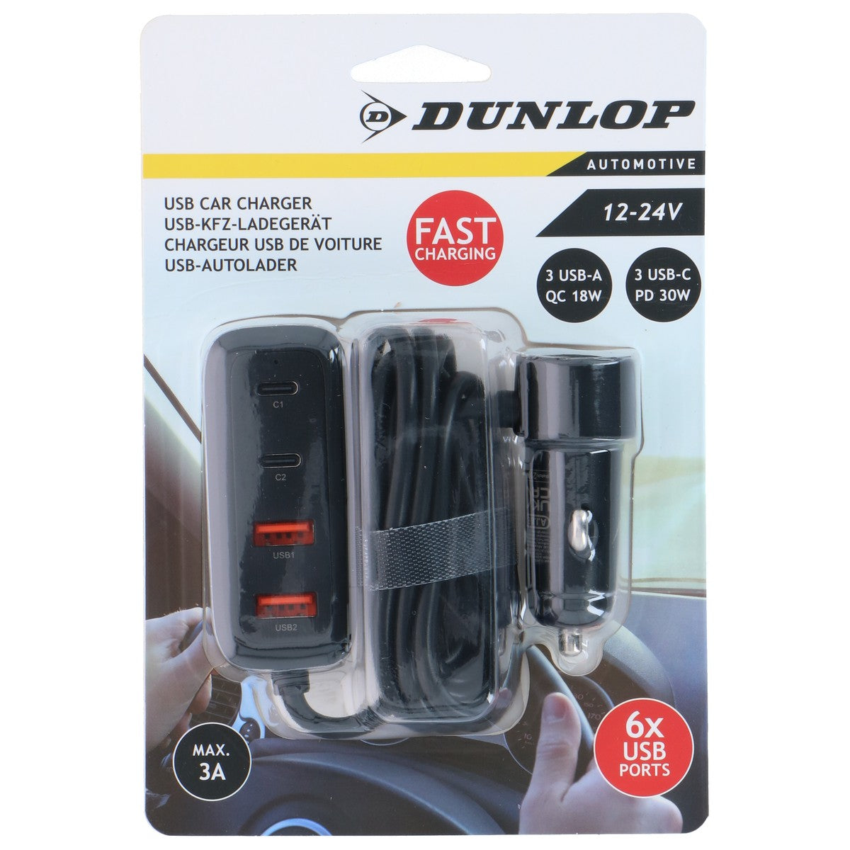 Dunlop USB Autolader - 6 Poorten - Snellader QC 18W & PD 30W - maximondo