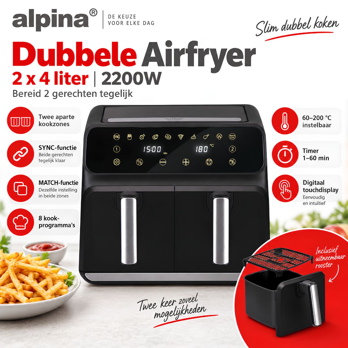 alpina Dubbele Airfryer XXL 8L Heteluchtfriteuse