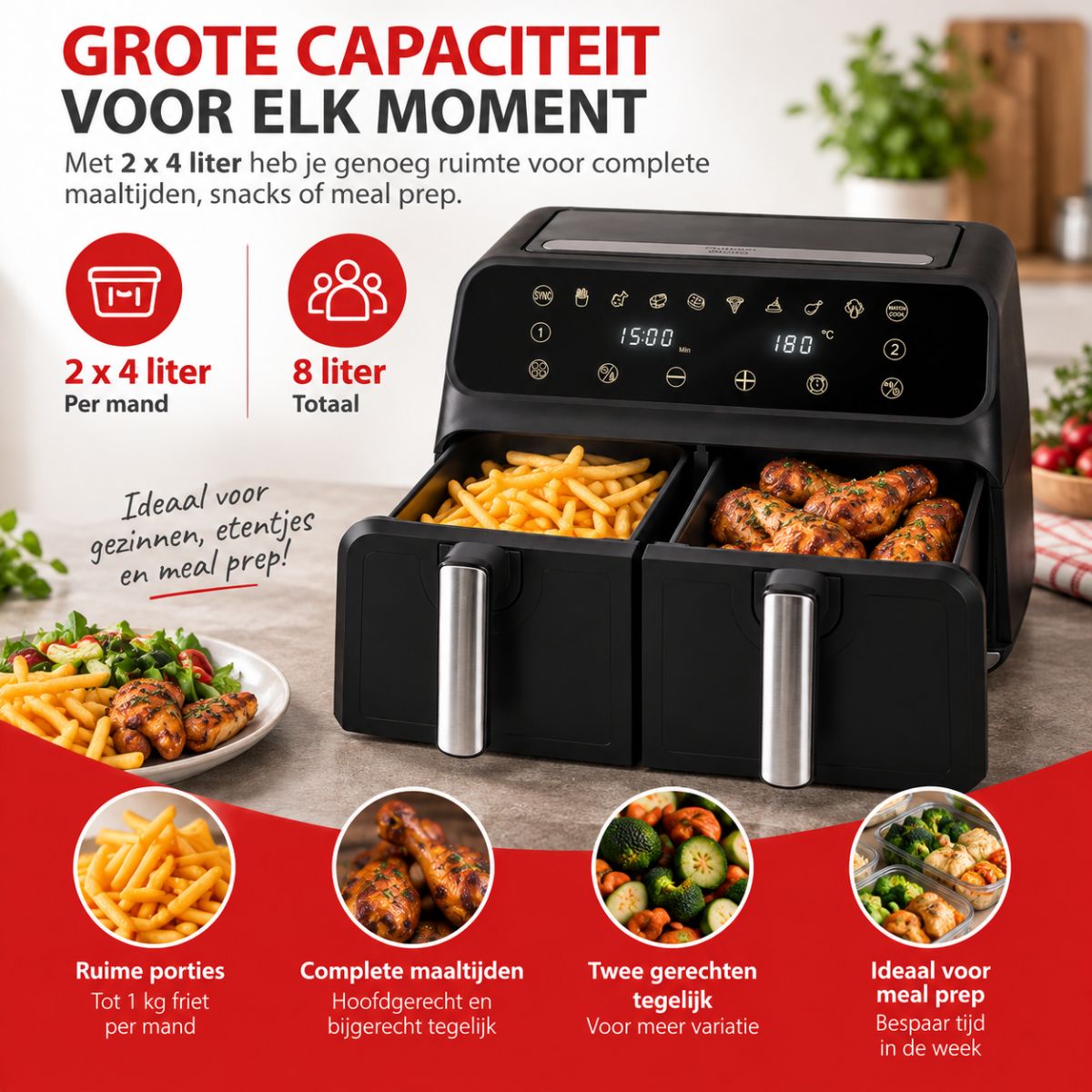 alpina Dubbele Airfryer XXL 8L Heteluchtfriteuse